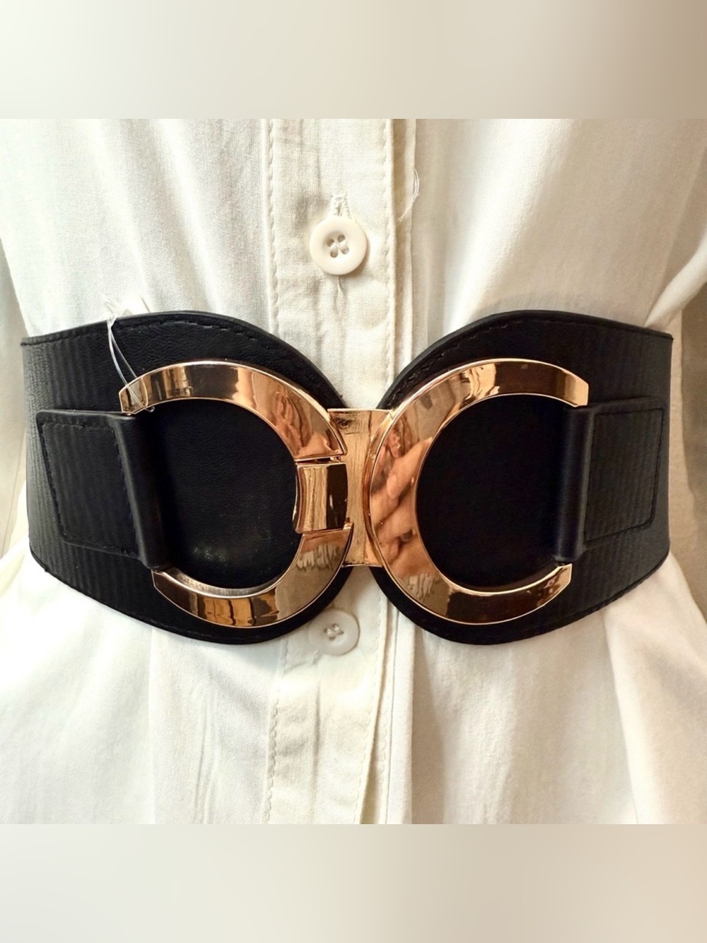 Black PU leather elastic waistband belt belt with gold tone buckle